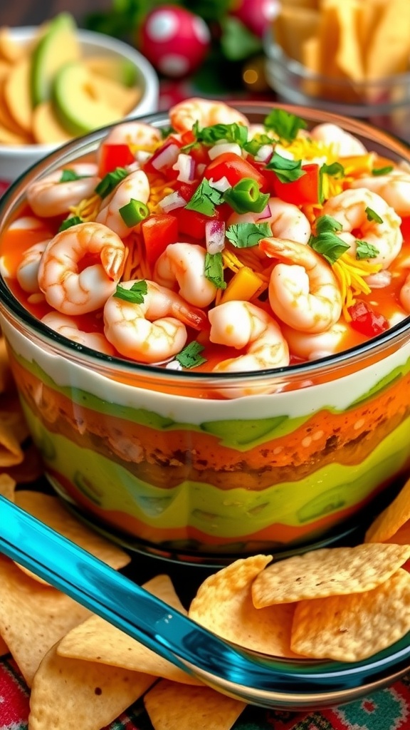 A colorful shrimp 7 layer dip with layers of beans, guacamole, shrimp, salsa, cheese, garnished with cilantro, served with tortilla chips.